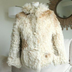 Vintage Fur Curly Hooded Zip Front Ivory Jacket